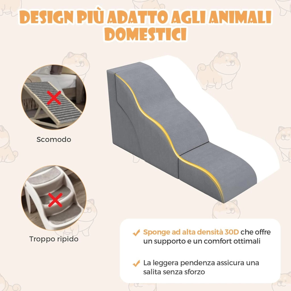 Scale per Cani in Schiuma a 3 Livelli, Rampe Scale per Animali 2 in 1 per Letti e Divani, Gradini per Animali Infortunati e Anziani con Base Antiscivolo, Copertura Lavabile e Rullo Adesivo