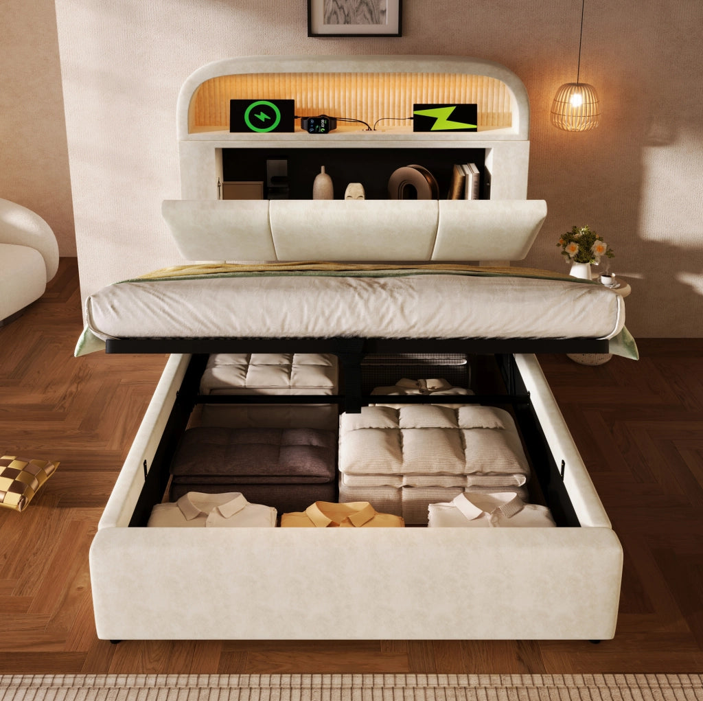 Letto imbottito con contenitore, LED e ricarica USB