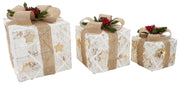 Set 3 Pacchi di Natale con LED in Plastica Oro con Stelle