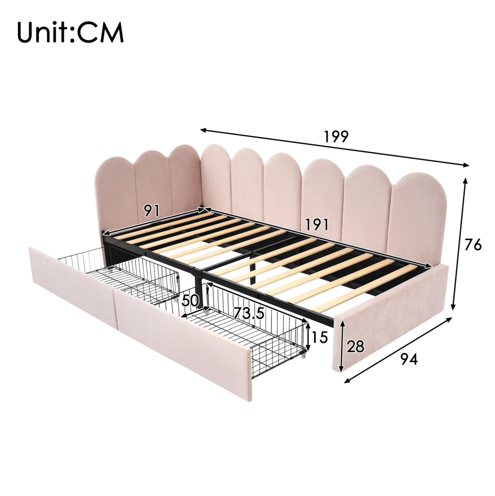 Letto singolo 90x190 cm con 2 cassetti; velluto rosa