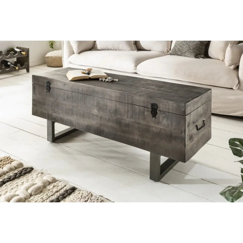 Tavolino basso o panca contenitore MERAX 115 cm grigio in legno massiccio e metallo stile industriale