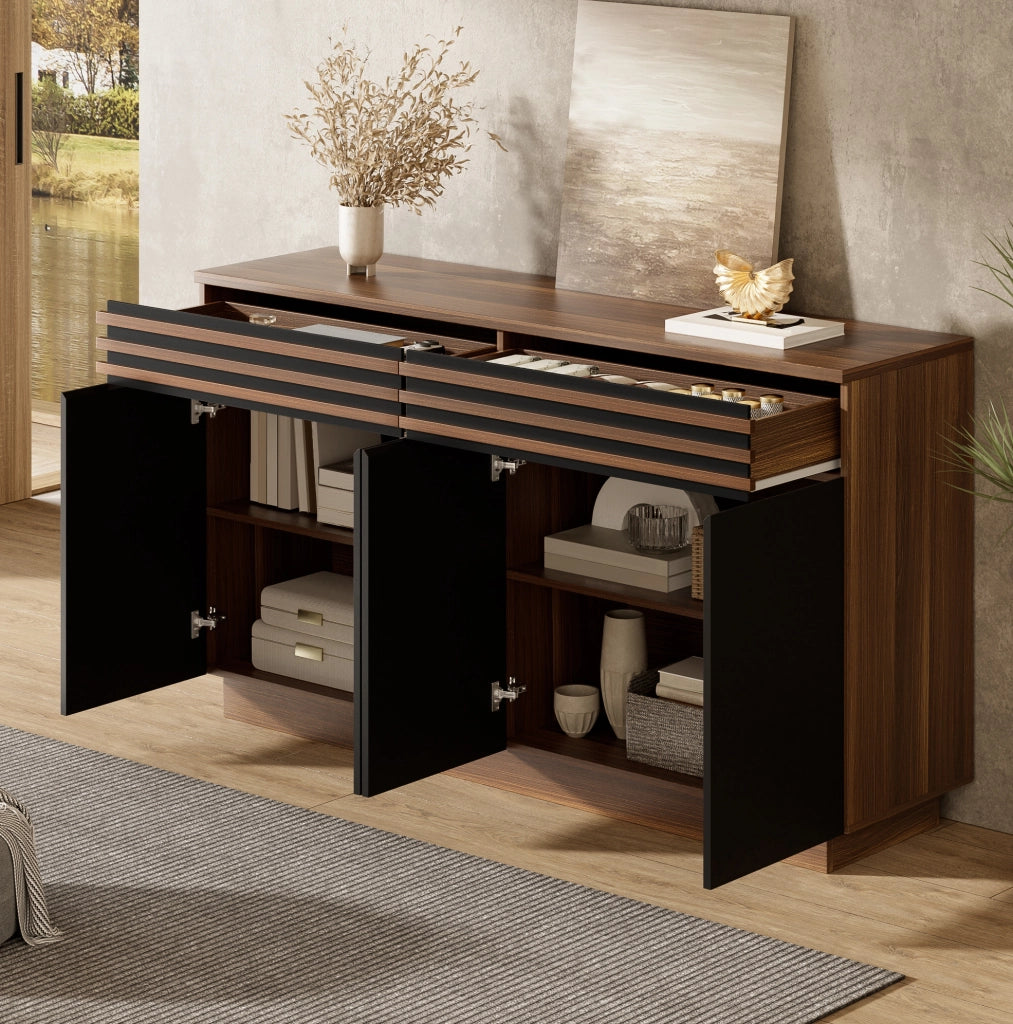 Sideboard 150x40x85 cm in MDF effetto legno marrone e nero; 2 cassetti e 4 ante