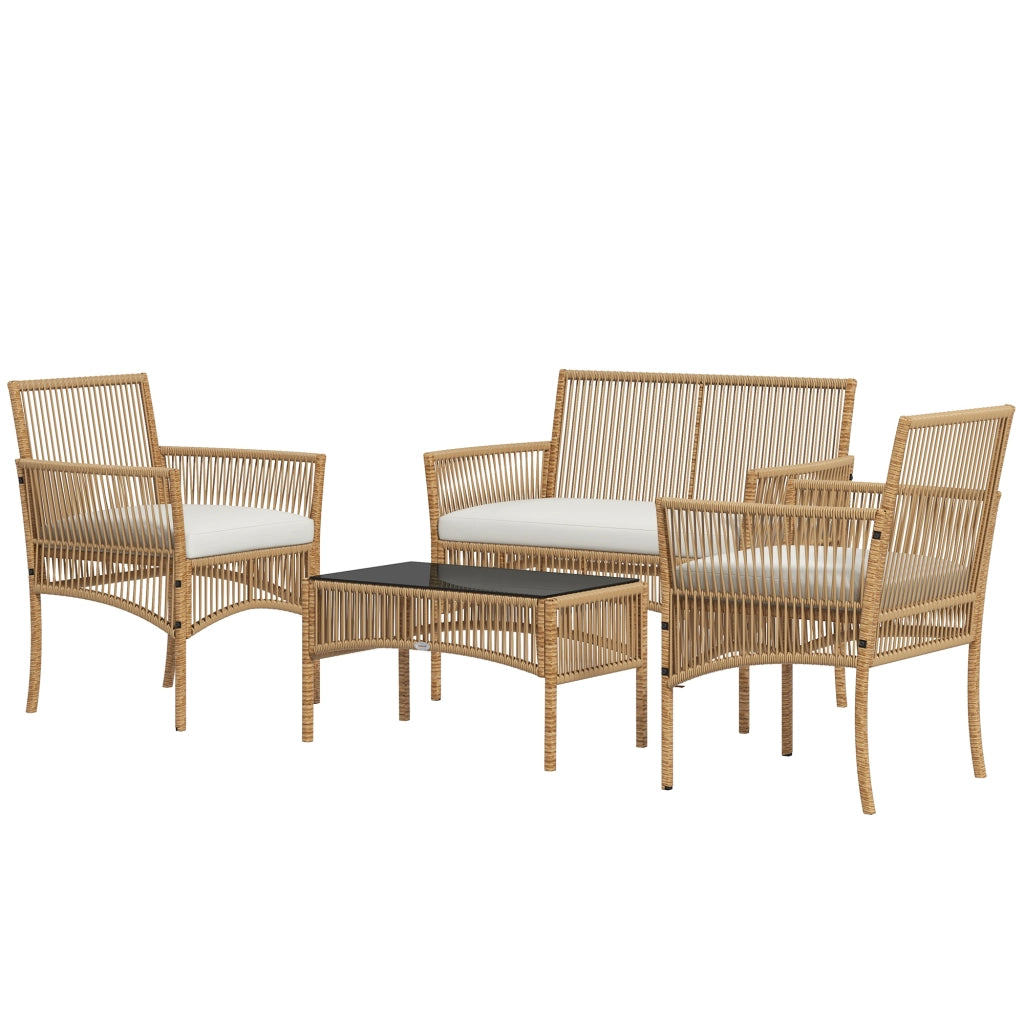 Set da Giardino in Rattan da 4 Pezzi con 2 Poltroncine, Divano e Tavolino da Caff¨¨, Naturale e Nero