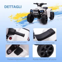 Quad Elettrico per Bambini ATV 6V, Quad per Bambini con Fari e Clacson, Velocità 3km/h, Età 18-36 Mesi, 65x40x43cm, Nero Bianco