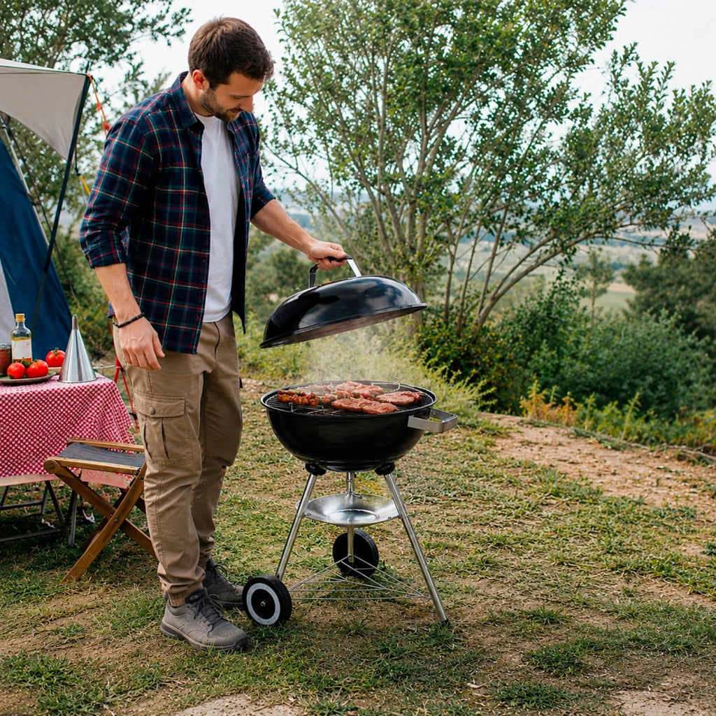 Barbecue A Carbone Con Coperchio Ventilazione Regolabile Griglia Cromata In Acciaio Ruote Trasporto Facile Montaggio Veloce Giardino Campeggio Terrazza 51 x 46.5 x 78 Cm Nero