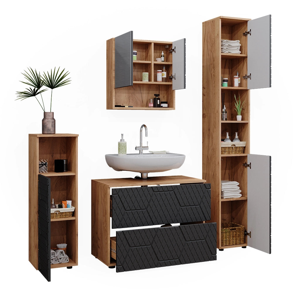 Vicco Set mobili bagno Antracite con struttura a nido d'ape 4 pezzi, con cassettiera e colonna