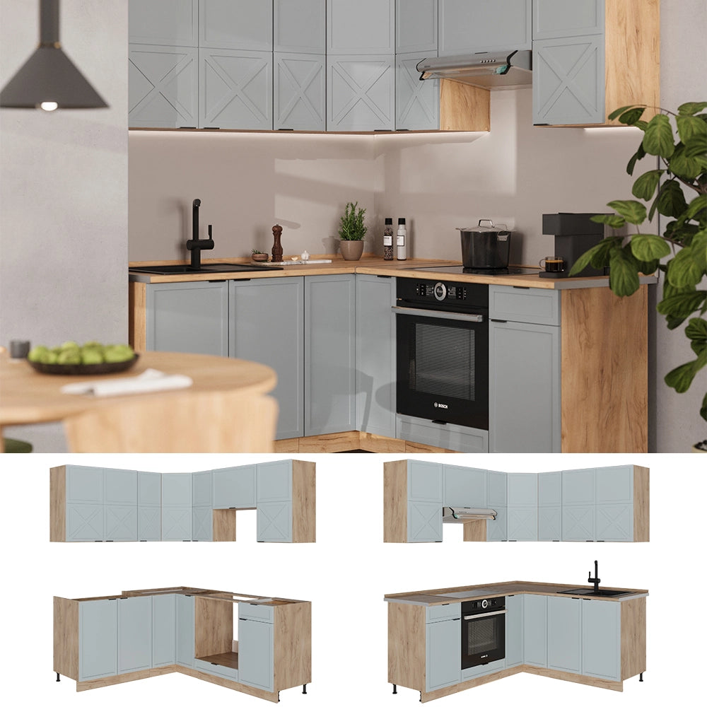 Vicco Cucina angolare completa Rovere blu-grigio chiaro/oro 160 x 190 cm , PL Rovere