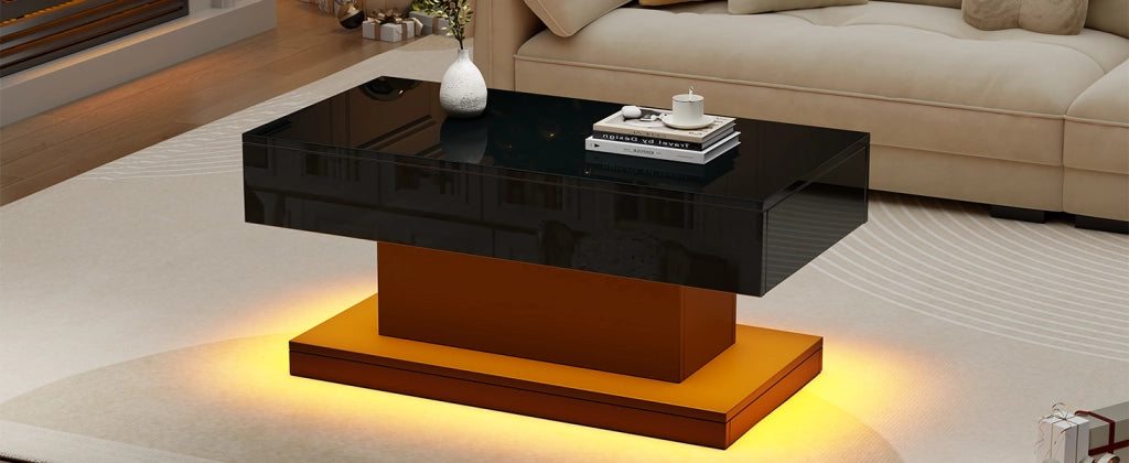Tavolino da Caff¨¨ con LED e 2 Cassetti ¨C MINIMAL ¨C Nero Lucido, 100x50x45