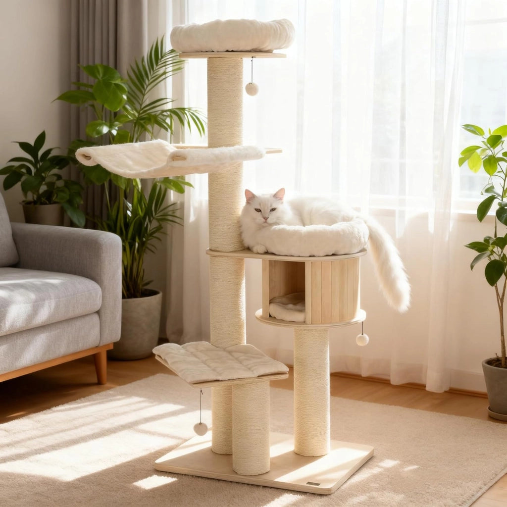 Albero tiragraffi grande, 174 cm, con tronco spesso 14,3 cm, grotta, amaca, piattaforma di peluche, palline da appendere, albero tiragraffi per gatti, albero da arrampicata per gatti
