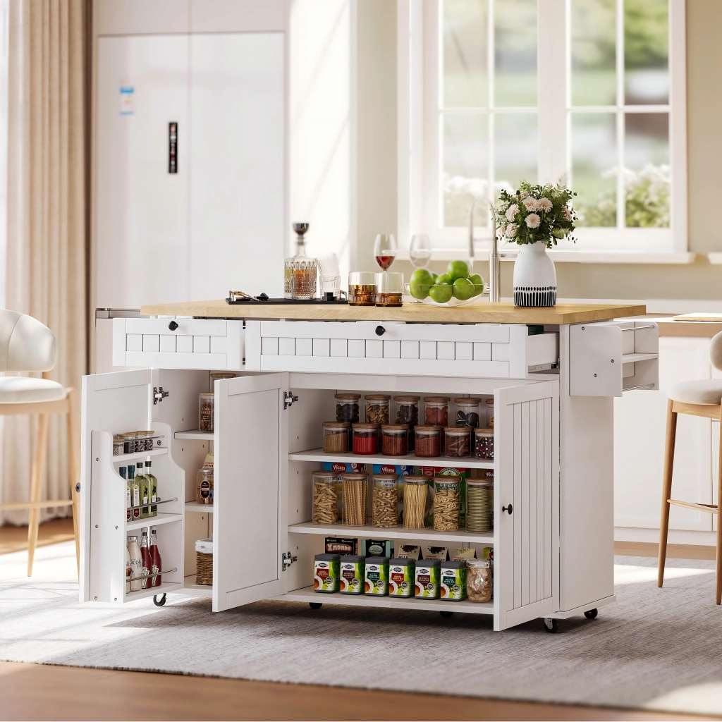 Carrello da Cucina con 2 Cassetti; Piano Ribaltabile; Portasciugamani e Portaspezie; in MDF; 137×45×89;5 cm