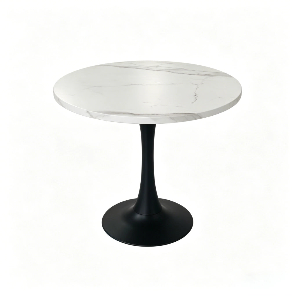 Tavolo da pranzo rotondo 80 cm in MDF e metallo; effetto marmo bianco; bianco e nero