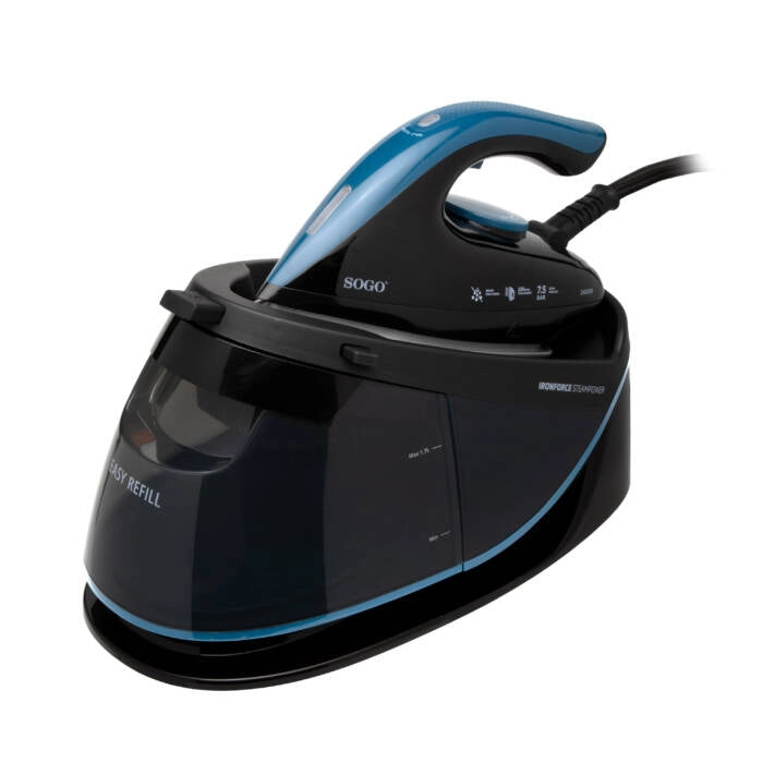 Centro stiratura vapore 2400W, serbatoio 1,7L, piastra ceramica, tubo vapore 2m, stiratura verticale - SOGO