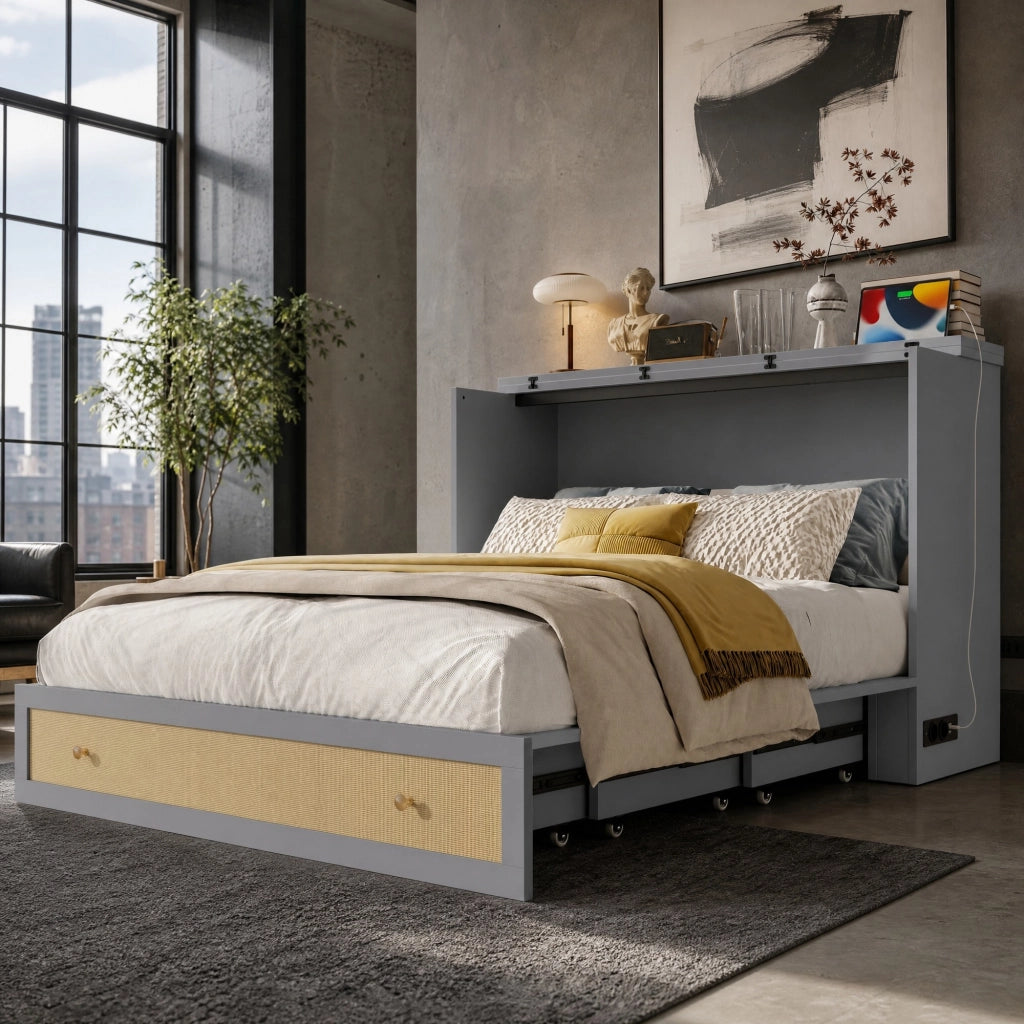 Letto a scomparsa con cassetti e ripiano, 140 x 200 cm, grigio