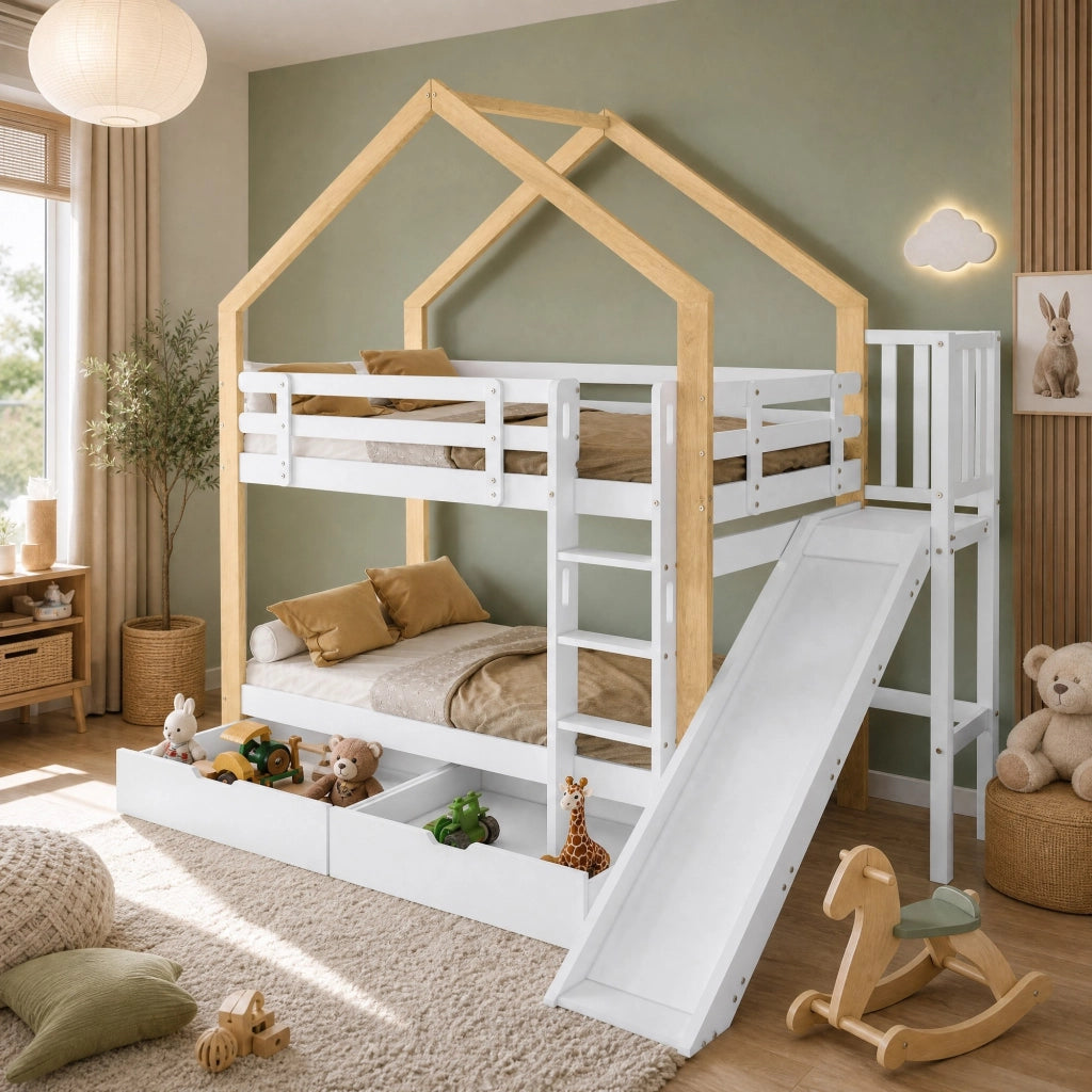 Letto a castello a casetta con scivolo e scaletta; 90x200 cm; bianco e naturale