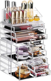 Organizzatore XXL per trucco e accessori con 11 cassettoni e 15 contenitori di diverse dimensioni, supporti anti-slip, per make-up e gioielli, trasparente