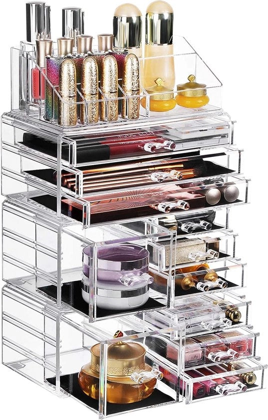 Organizzatore XXL per trucco e accessori con 11 cassettoni e 15 contenitori di diverse dimensioni, supporti anti-slip, per make-up e gioielli, trasparente