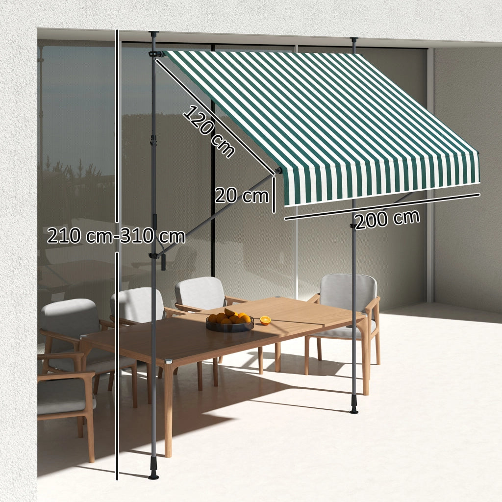 Tenda da Sole 2x1.2 m con Supporti Regolabili e Manovella, in Alluminio, Metallo e Poliestere, Verde e Bianco