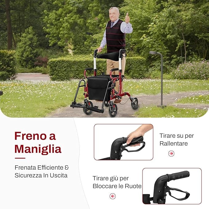 Deambulatore 2 in 1 per Anziani in Alluminio, Rollator Pieghevole e Regolabile in Altezza con Sedia, Schienale Reversibile, Manici Regolabili, Ruote, Poggiapiedi e Borsa Rimovibile (Rosso)