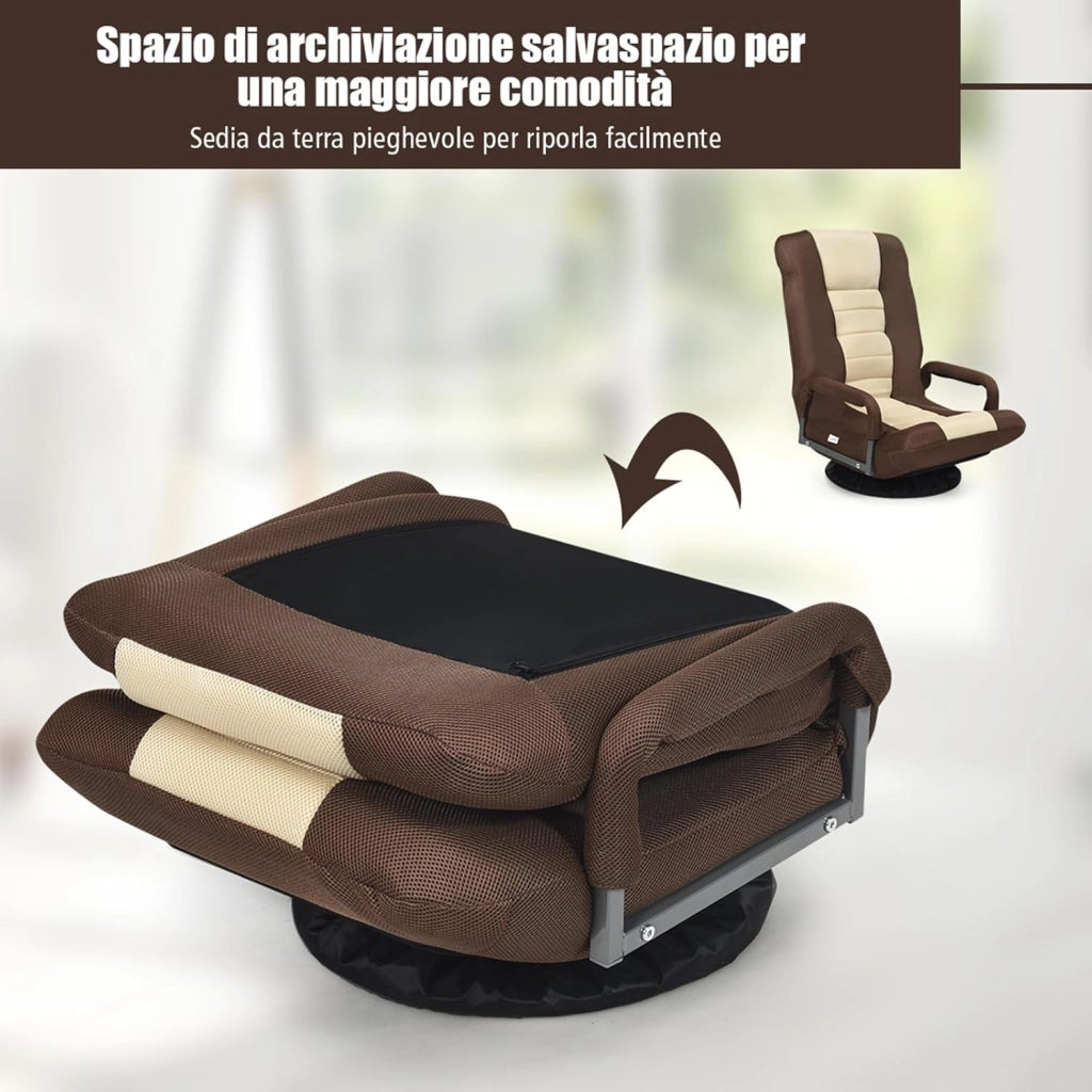 Sedia da Pavimento Pighevole, Sedia da Terra con Braccioli, Poltrona da Yoga Portatile e Girevole, Poltrona con Schienale Regolabile a 5+2 Livelli, Portata 150 kg (Marrone-Beige)