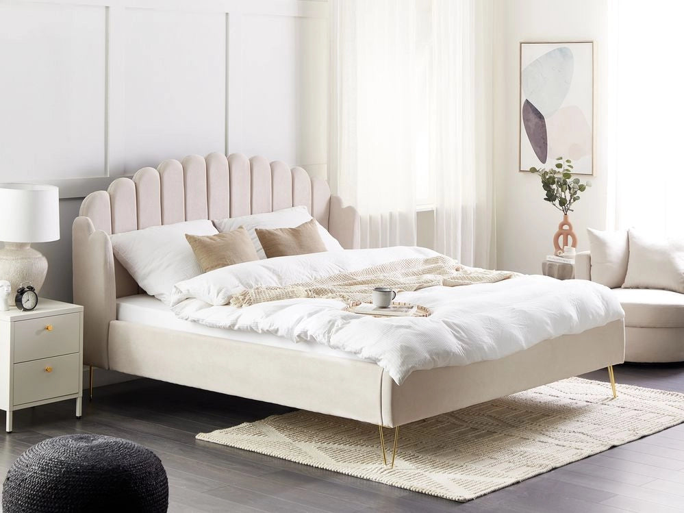 Letto con rete in tessuto poliestere beige chiaro 180 x 200 cm gambe in metallo testata retro capitonné