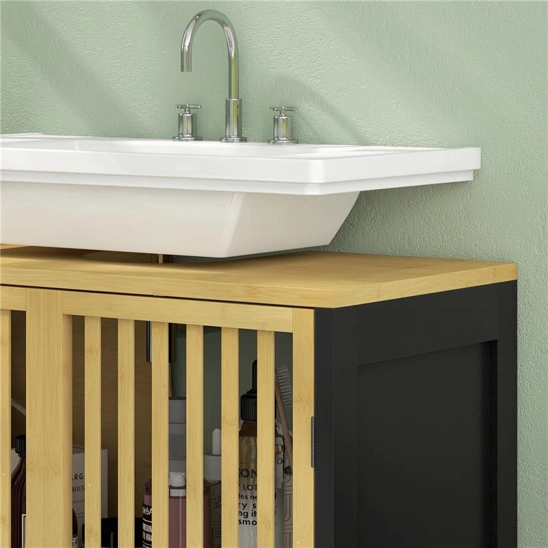 MOBILE SOTTOLAVABO BAGNO CON 2 ANTE A DOGHE IN LEGNO DI BAMBÙ E MDF CON INTAGLIO A U, 60X30X70CM