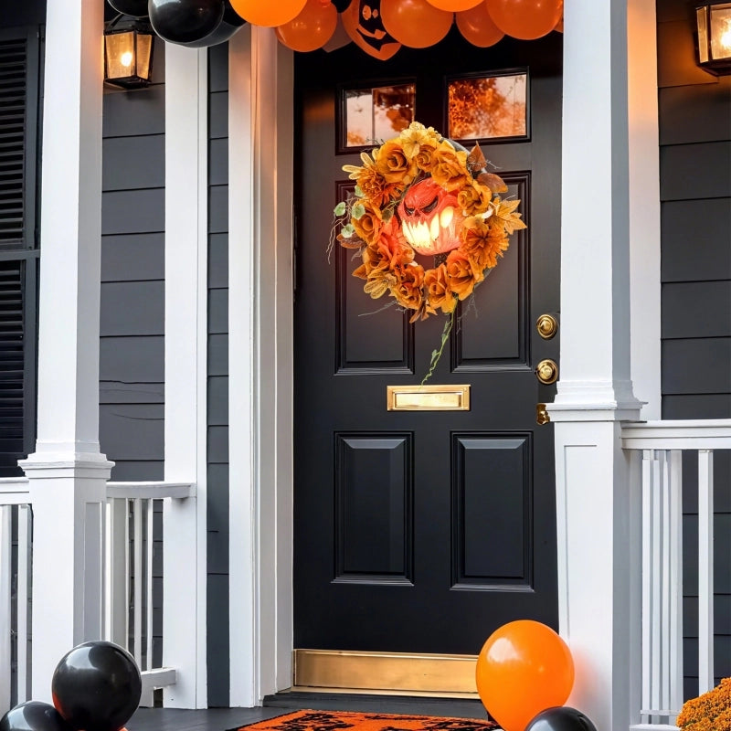 Ghirlanda di Halloween, design spettrale con zucche, foglie autunnali, effetti di luce, plastica