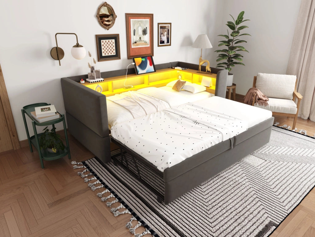 Divano Letto Imbottito 90/180x190 cm con LED, Prese e Ripiani, Grigio Scuro, Multifunzionale