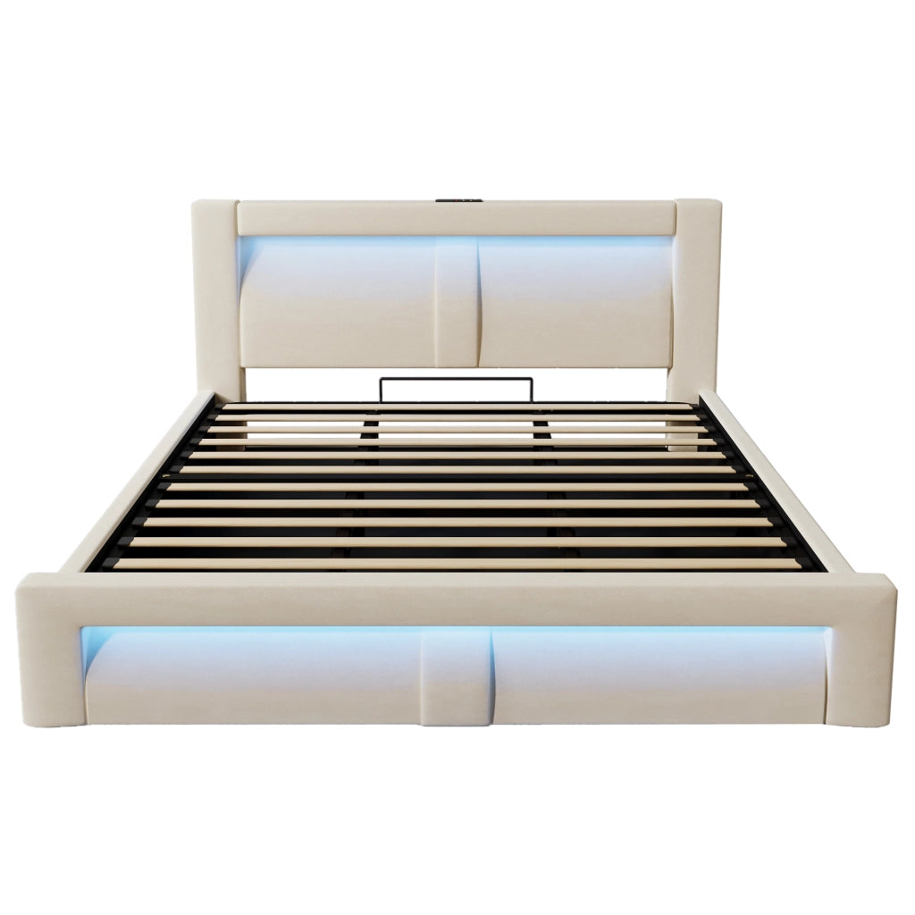 Letto Contenitore 180x200 cm - LED; USB; Type-C e Testiera Curva - Velluto - Beige