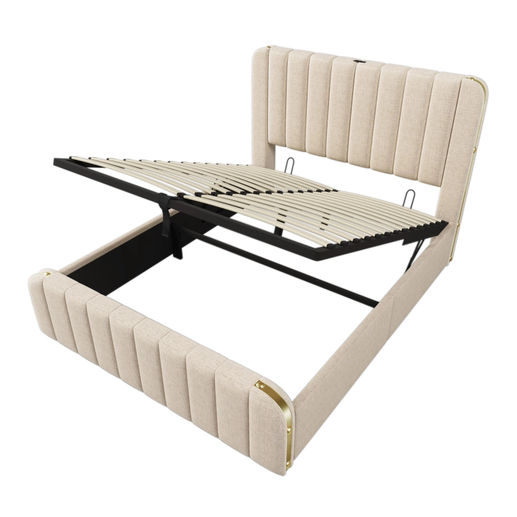 Letti contenitori 140x190 cm; testiera con ricarica USB Type-C; lino; beige (Senza materasso)