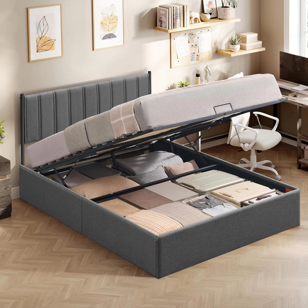 VASAGLE Struttura Letto, 140 x 200 cm, Letto Sollevabile con Contenitore, Testiera, Sollevamento Idraulico, Moderno e Semplice, Montaggio Facile, Beige Cappuccino RMB614LH01