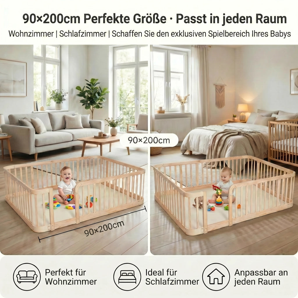 Recinto modulare per bambini 90 × 200 cm, barriere di sicurezza da 7 cm, angoli arrotondati, senza materasso, in legno, naturale