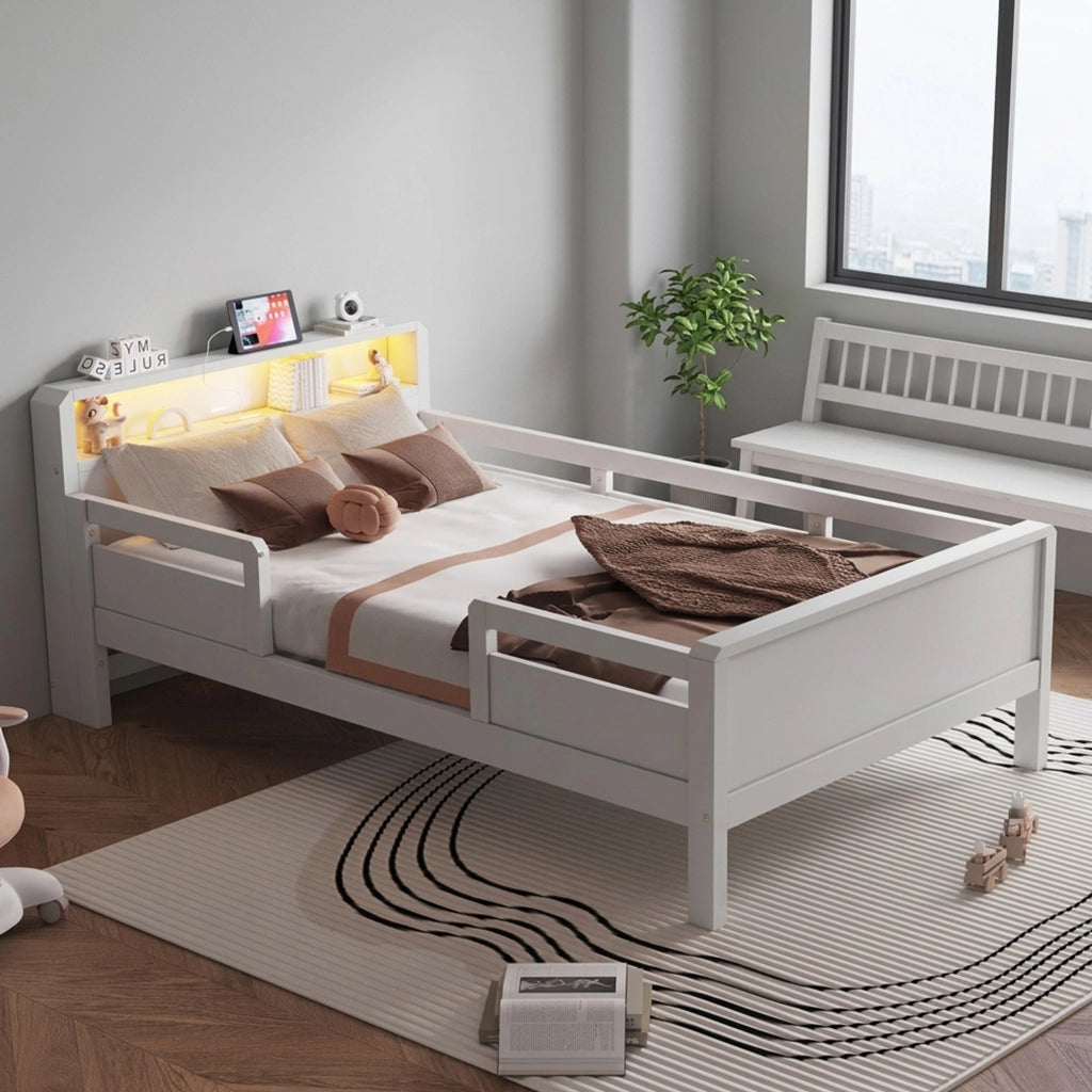 DESMIU Letto per bambini 1 posto con sponde, USB, Type-C e lampada LED 90 × 200 cm, senza materasso, legno bianco