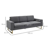 Divano a 3 Posti Relax Salotto con Cuscini 200 × 82 × 78cm Tessuto di Lino Grigio