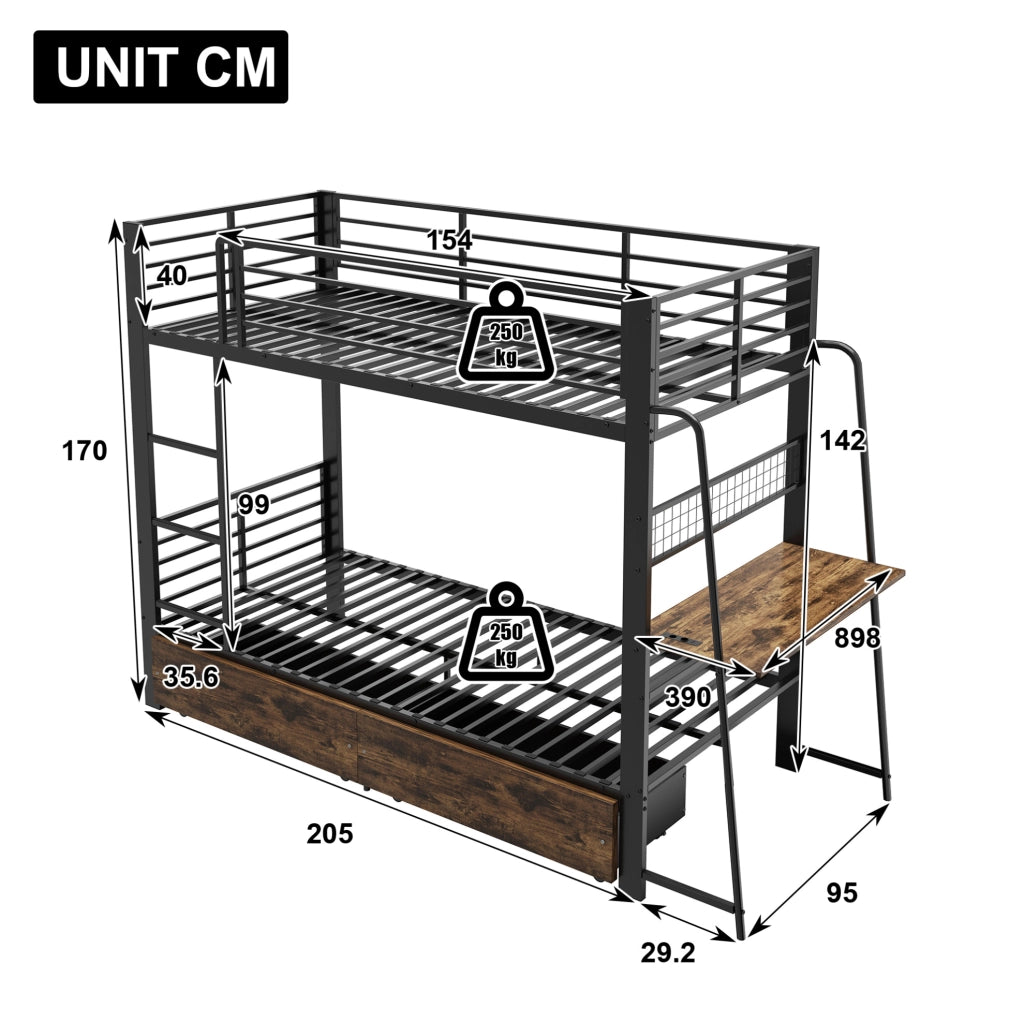 Letto a soppalco 90 x 200 cm con scrivania, LED e cassetti