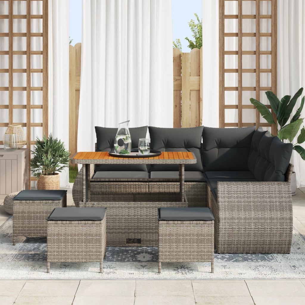 Set divano giardino 9 pezzi con cuscini Grigio Polirattan Acacia
