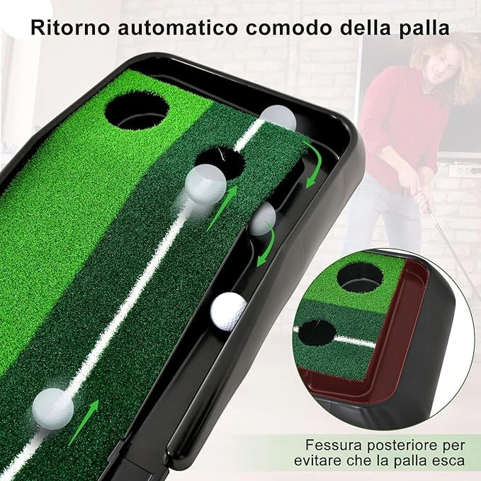Tappetino da Golf per Interni ed Esterni, Tappetino per Putting Green con Ritorno Automatico della Palla e 1/2/3 Dimensioni di Buche per Allenarsi a Casa o in Ufficio