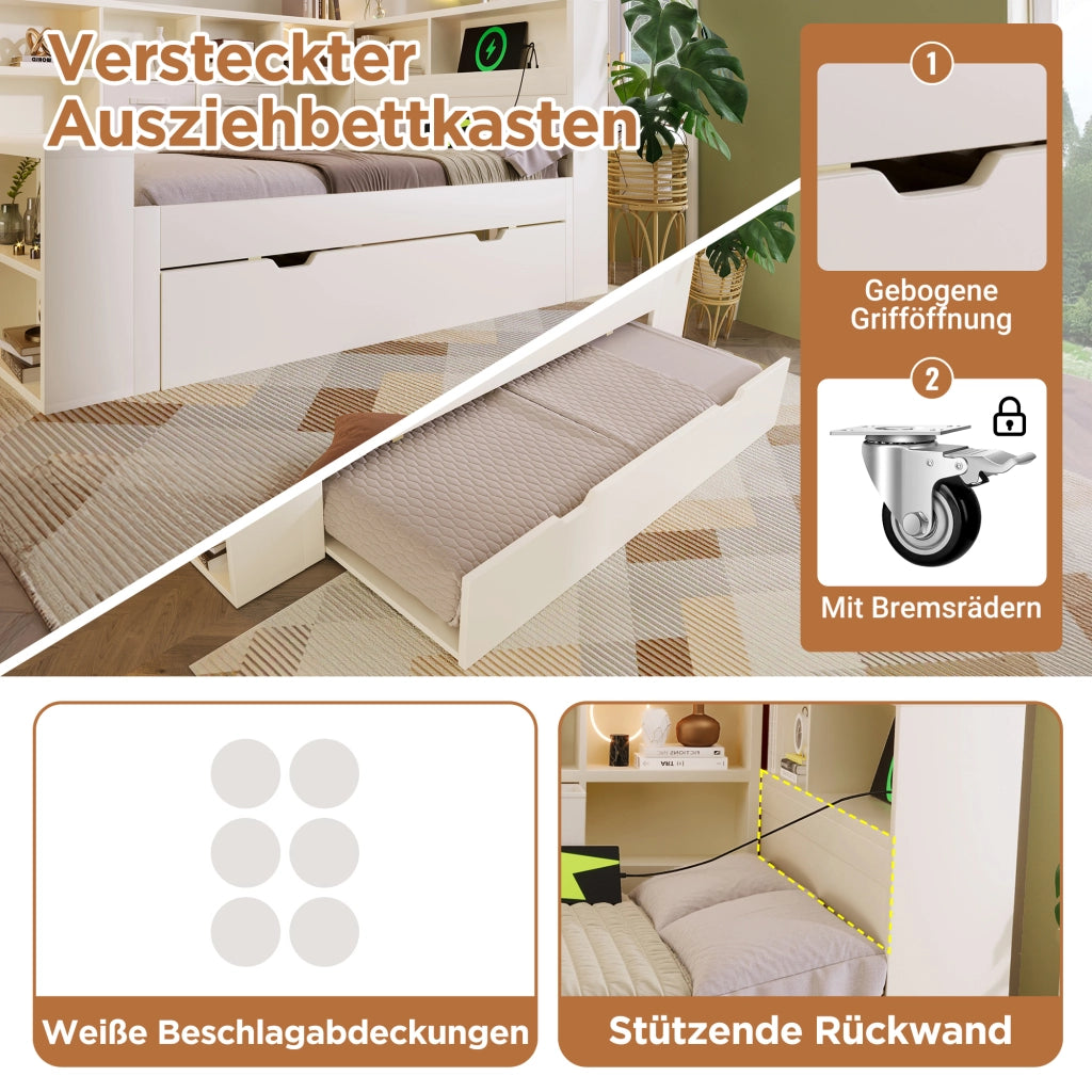 Letto estraibile 140 × 200 cm et 90 × 190 cm, 8 vani contenitore, 3 USB et 1 Type-C, senza materasso, bianco