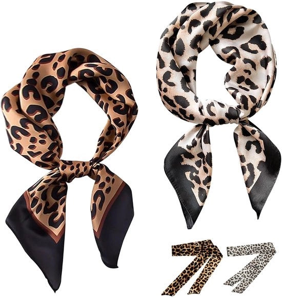 Set di sciarpe in seta da 2 pezzi - Dimensioni 70 x 70 cm - Lunghe sciarpe per donne 4 pezzi da 90 cm - Disegno a leopard - Sciarpa per capo/Sciarpa per collo - Accessorio di moda