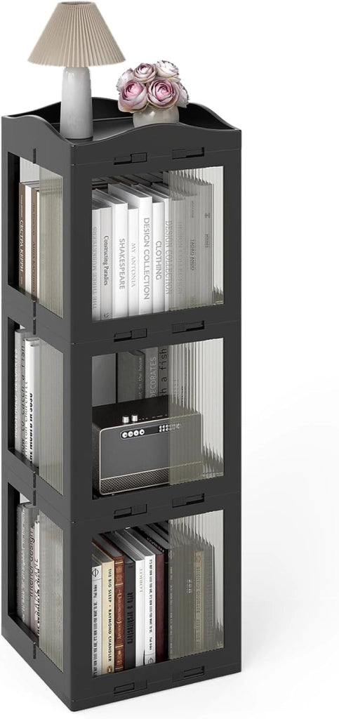 Libreria girevole a 360°, scaffale angolare girevole a 4 livelli, con pannelli traslucidi, montaggio semplice, per piccoli spazi, ufficio, camera da letto e soggiorno (nero, 4 livelli)