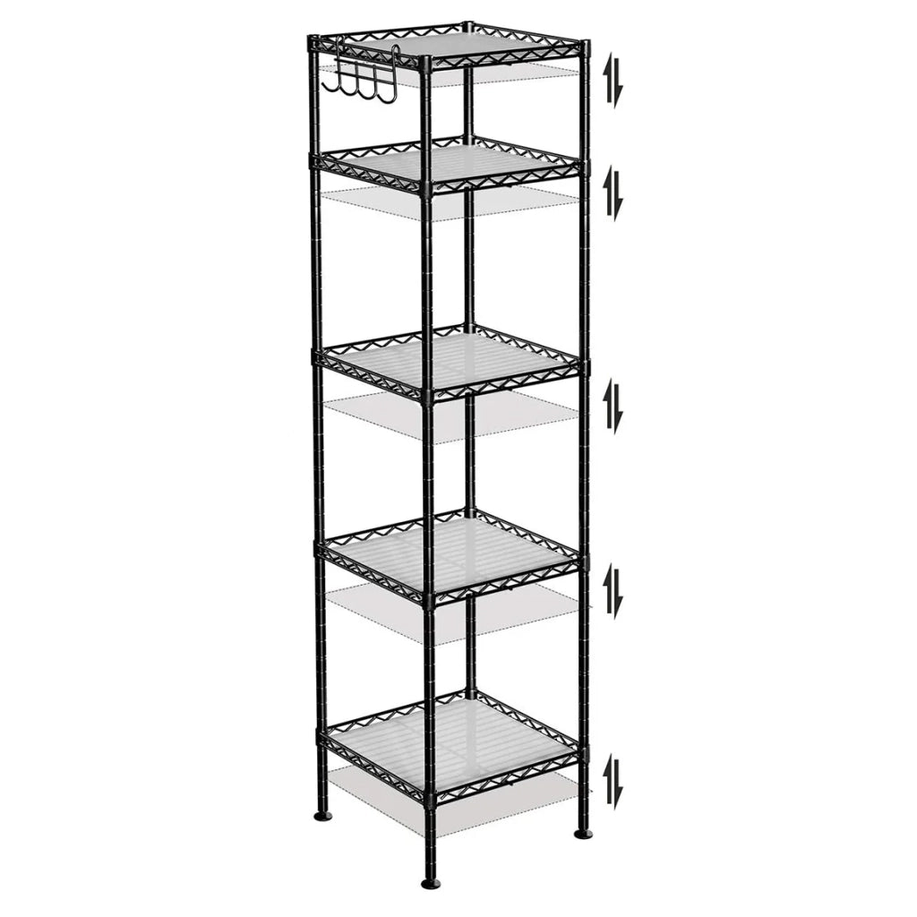 Scaffale da bagno a 5 ripiani robusto scaffale angolare in metallo capacità di carico 100 kg con 5 ripiani in plastica ganci rimovibili 30 x 30 x 1235 cm estensibile nero 12_0005803