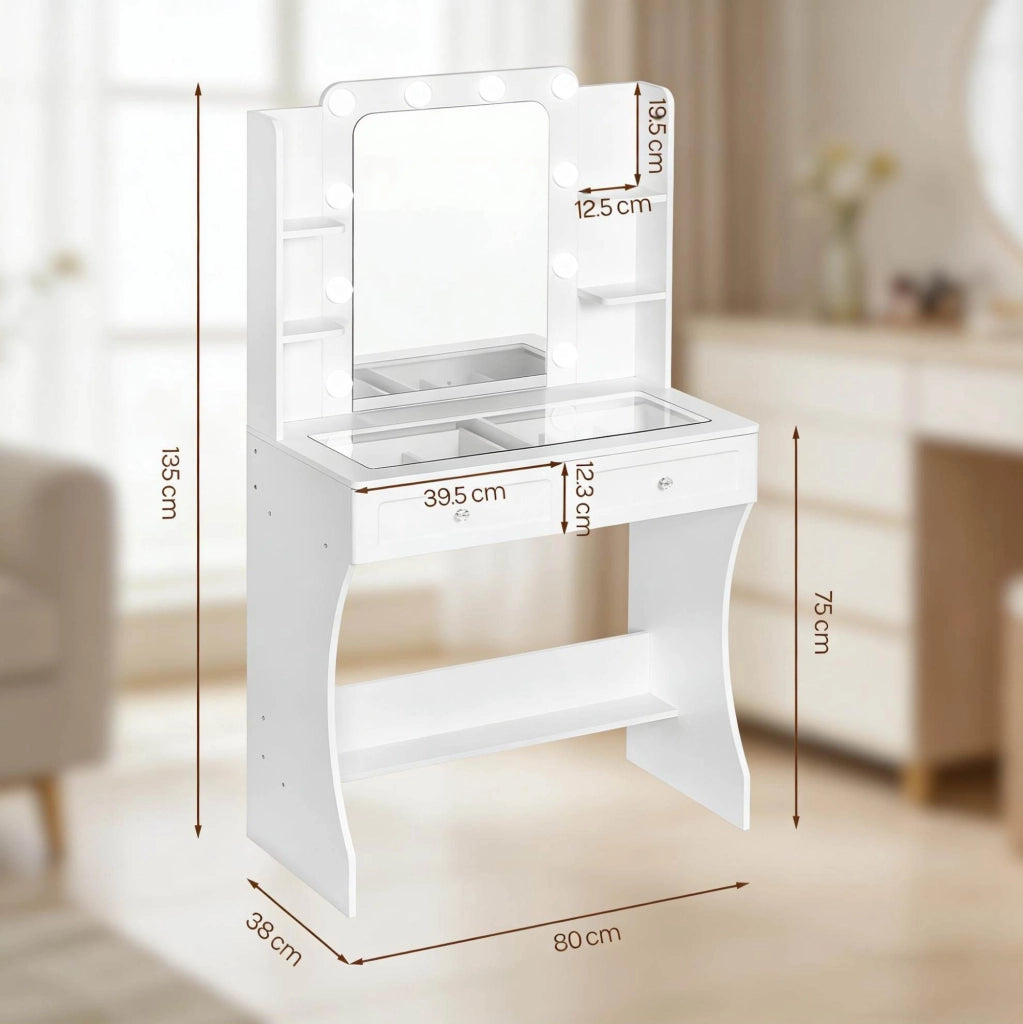 Tavolo da trucco con specchio LED e piano in vetro temperato 80x135x40 cm; bianco