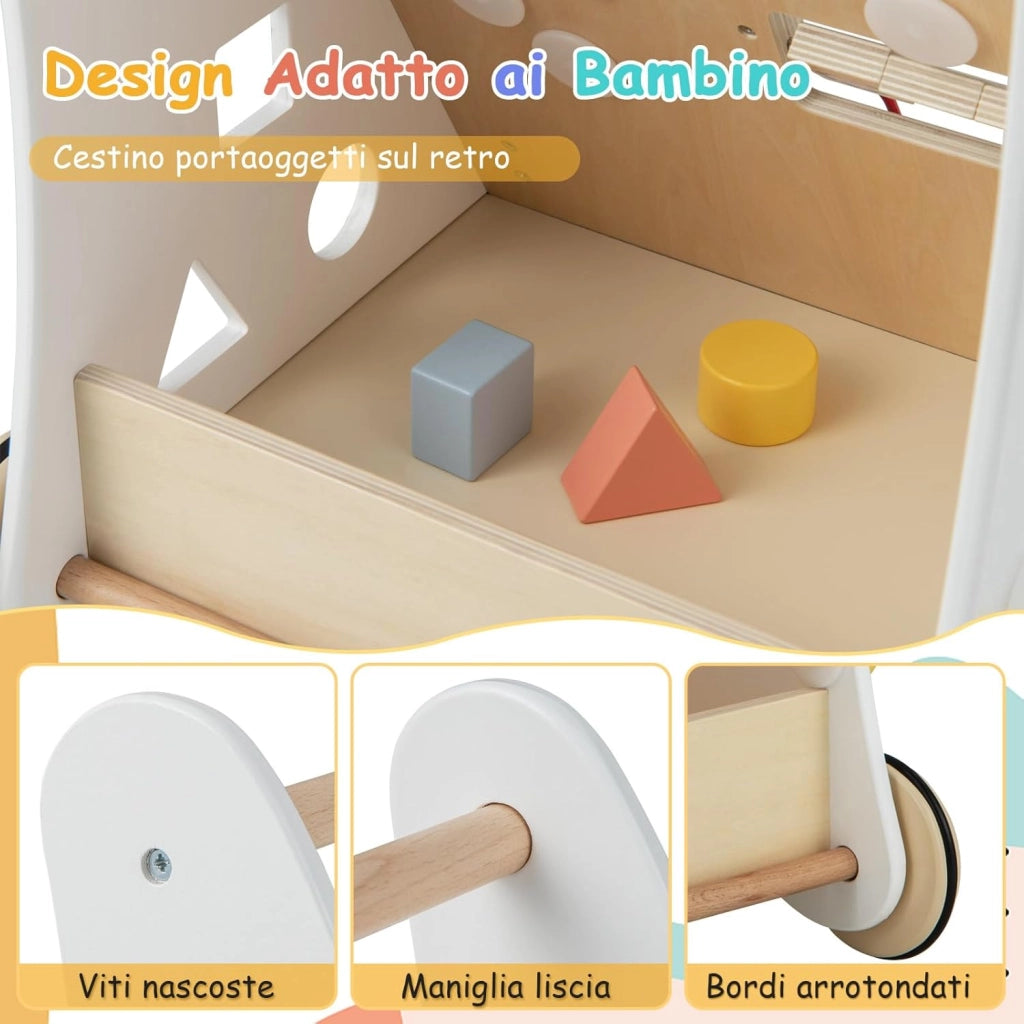 Carrello Primi Passi per Bambini 7 in 1, Girello per Bambini in Legno, con Giochi Educativi, per Bambini 1+ Anno