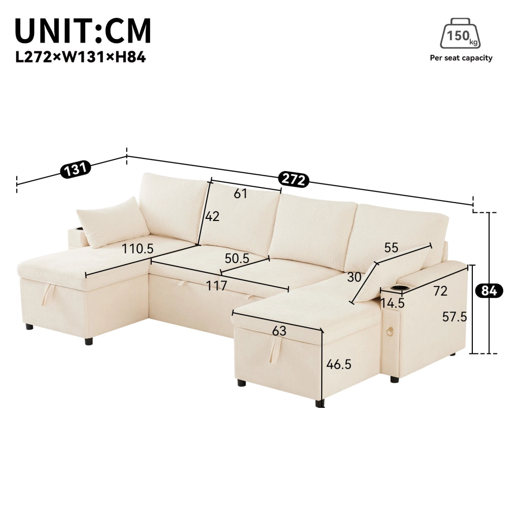 Divano letto modulare a U 4 posti con portabicchieri, contenitore e cuscini, beige, 272x131x84 cm