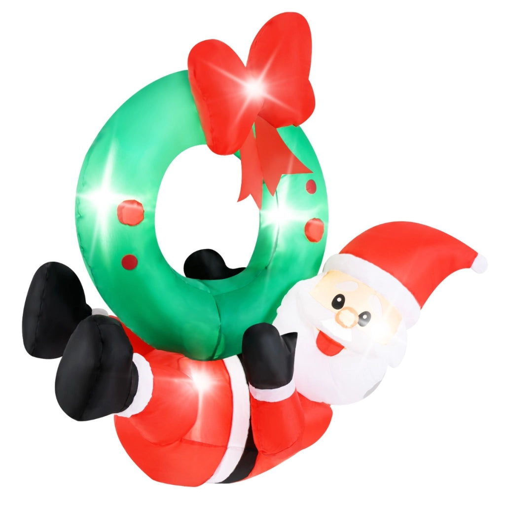 Corona di Natale gonfiabile di babbo Natale da 120cm, Babbo Natale illuminato e corona con fiocco rosso e 5 luci LED-Gonfiabili natalizi