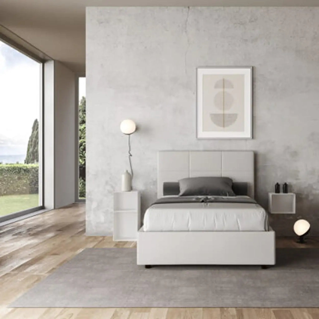 Letto una piazza e mezza con rete imbottito 120x190 similpelle bianco Mika