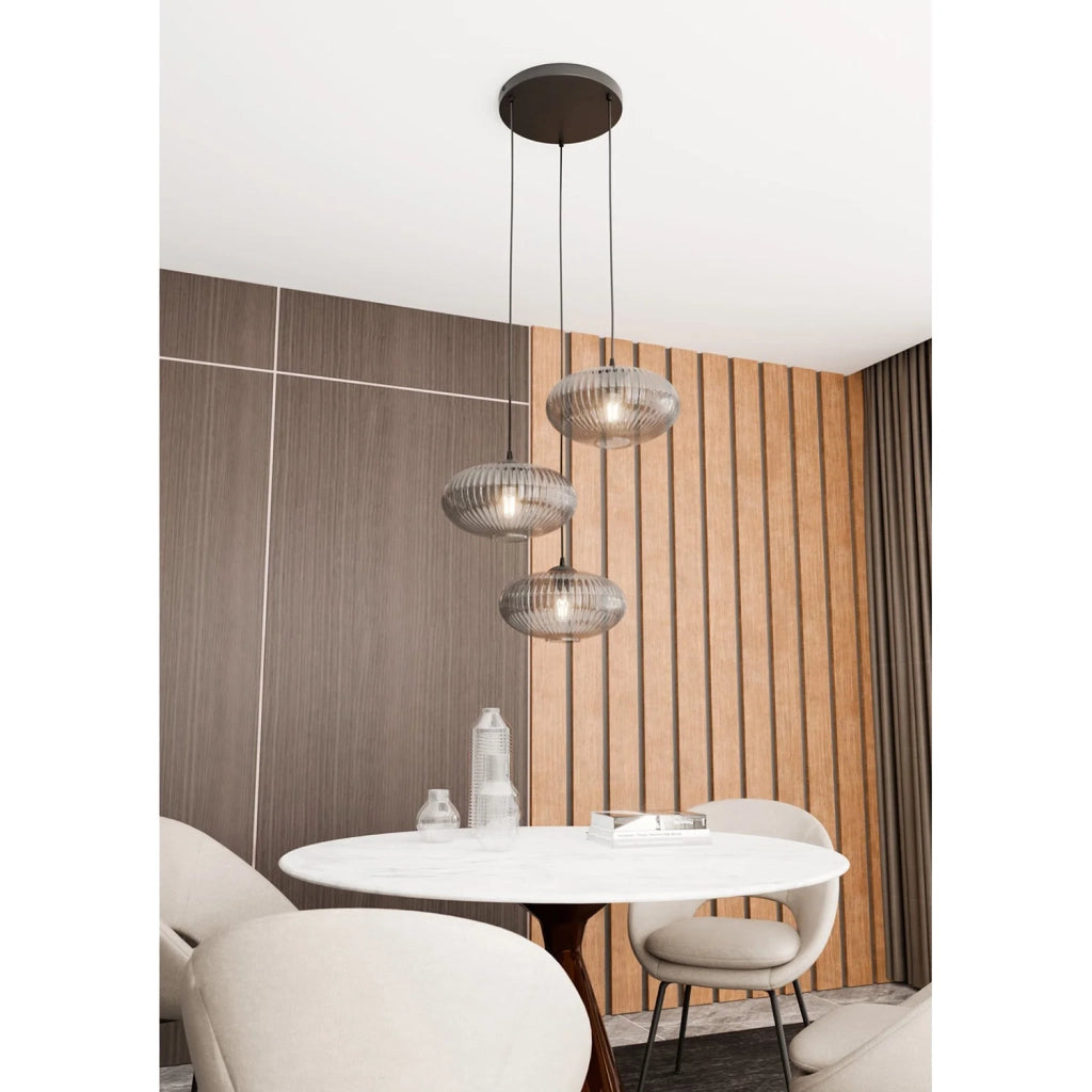 Lampadario 3 Luci Iris Base Tonda In Acciaio Nero Paralume Plissettato Fumè