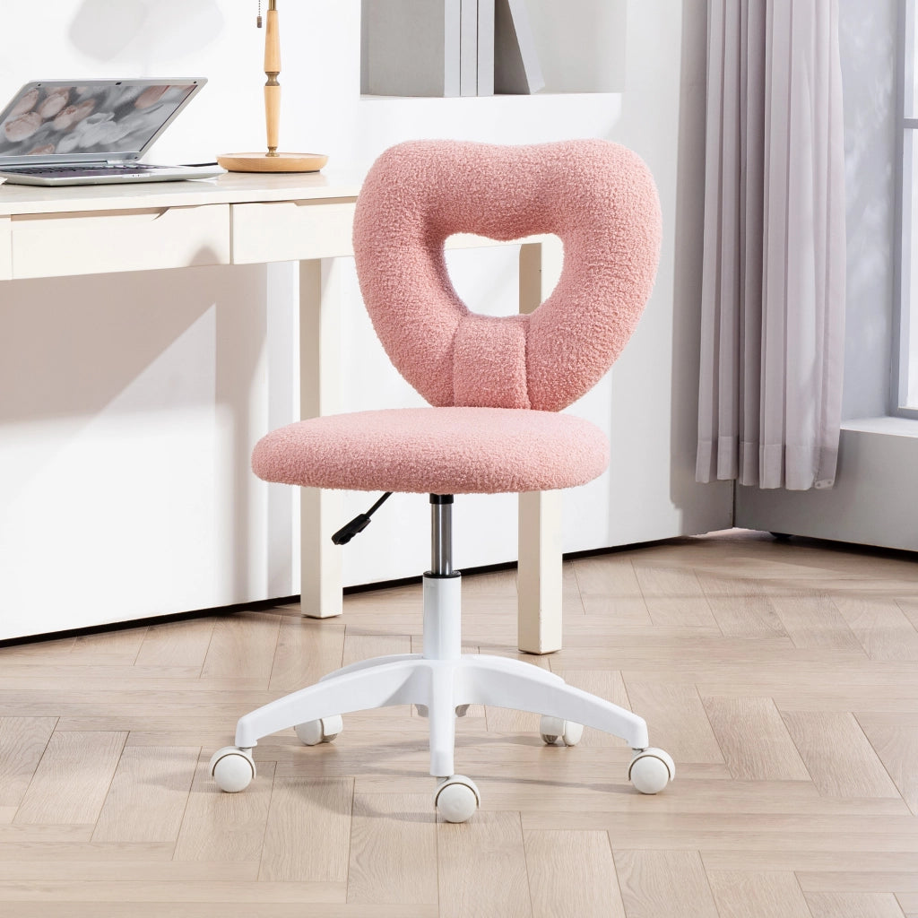 Sedia da ufficio girevole con altezza regolabile e schienale a cuore in tessuto teddy rosa per trucco e studio