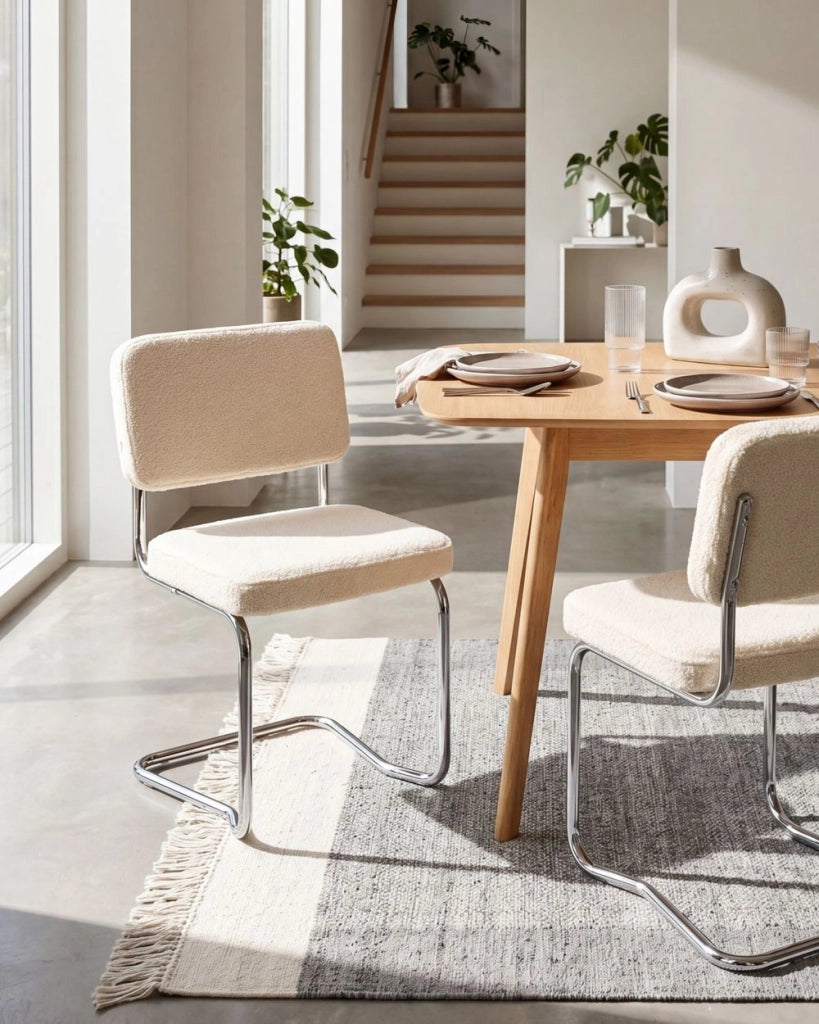 Set di 2 sedie da pranzo con rivestimento in bouclé beige chiaro e gambe in ferro stile retrò
