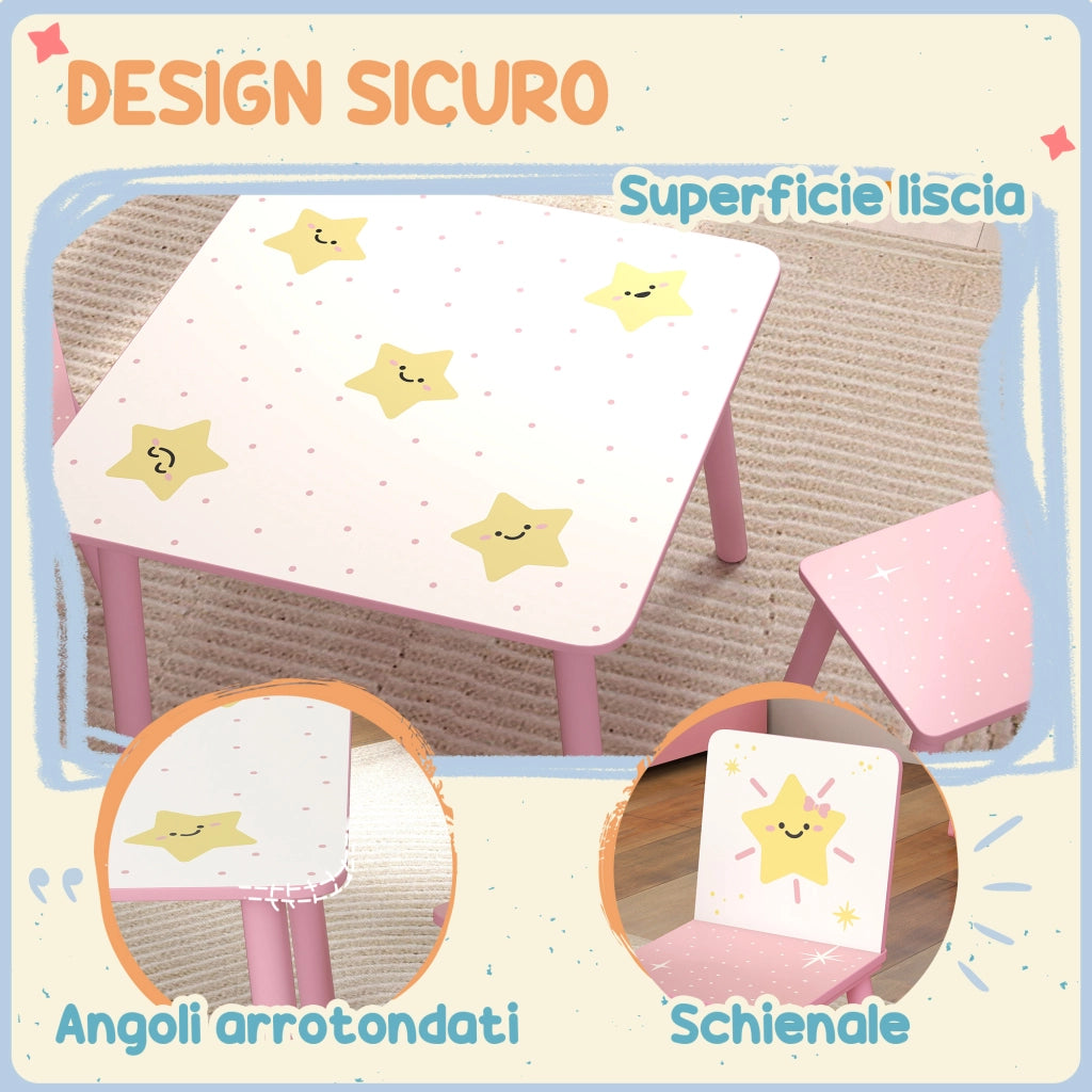 Set Arredo Cameretta con Tavolo e 2 Sedie per Bambini da 3-8 Anni con Fantasia a Stelle. Rosa