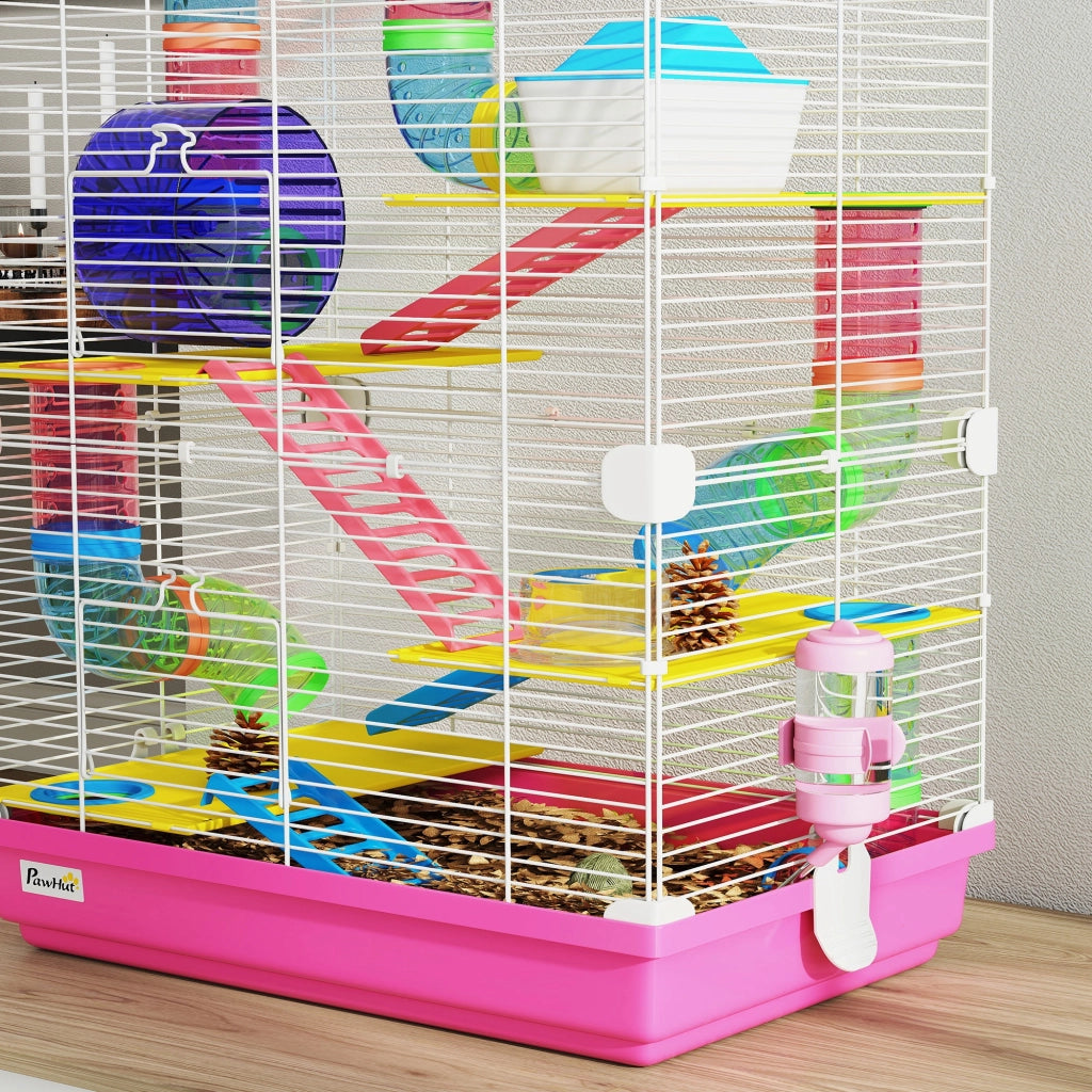 Gabbia per Criceti con Tunnel Piattaforme Ciotola Abbeveratoio Casetta Rampe Ruota ¨C Xylo ¨C Rosa 46x30x58cm